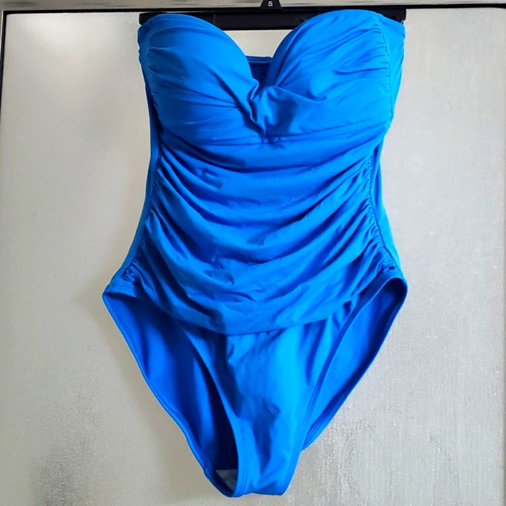 la Blanca women's strapless one piece swimsuit blue sz 10 pinup retro